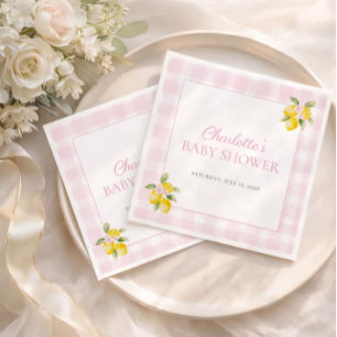 Pink Gingham Lemon Girl Baby Shower Napkins