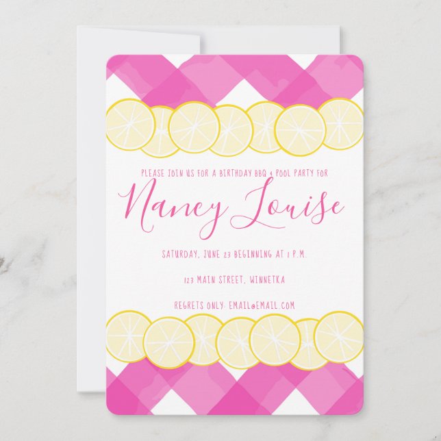 Pink Gingham & Lemon Invitation (Front)