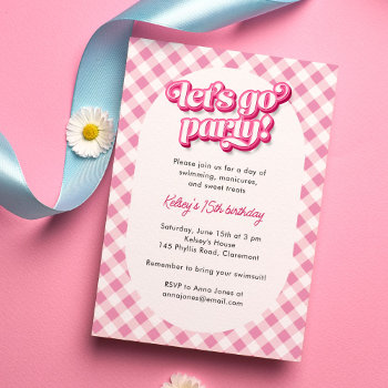 Pink Gingham Let's Go Party Birthday Invitation by ClementineCreative at Zazzle