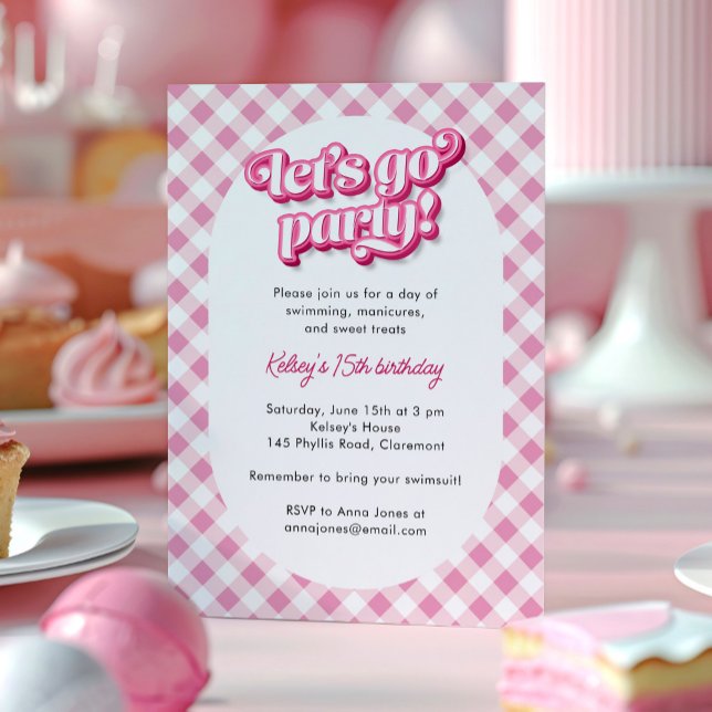 Pink Gingham Let's Go Party Birthday Invitation (pink gingham birthday party invitation with "let's go party" text.)