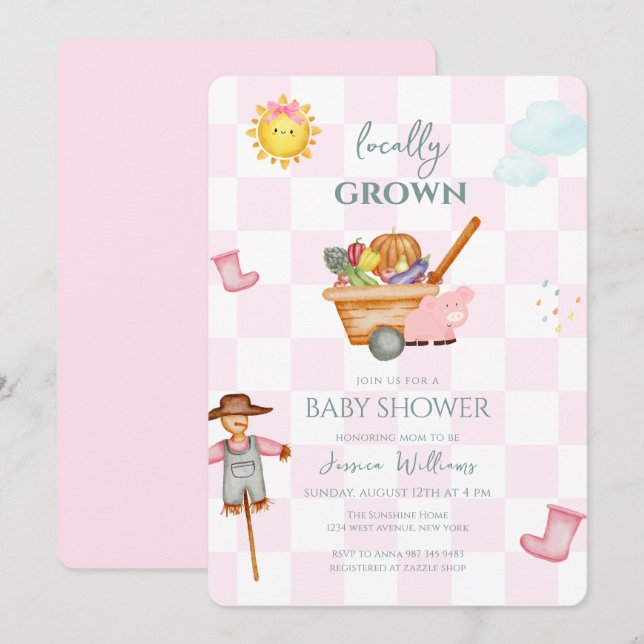 Pink Gingham Locally grown Farmer Baby Shower Invitation (Front/Back)