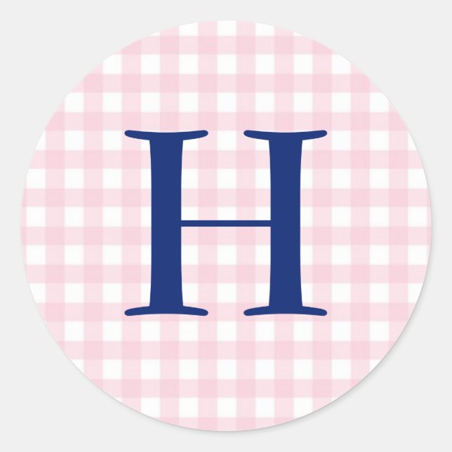 Pink Gingham Monogram Classic Round Sticker (Front)