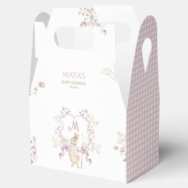 Pink Gingham Monogram Peter the Rabbit Baby Shower Favor Boxes (Opened)