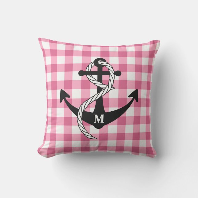 Pink Gingham Nautical Anchor Monogram Outdoor Pillow (Front)