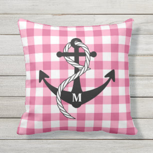 Pink Gingham Nautical Anchor Monogram Outdoor Pillow