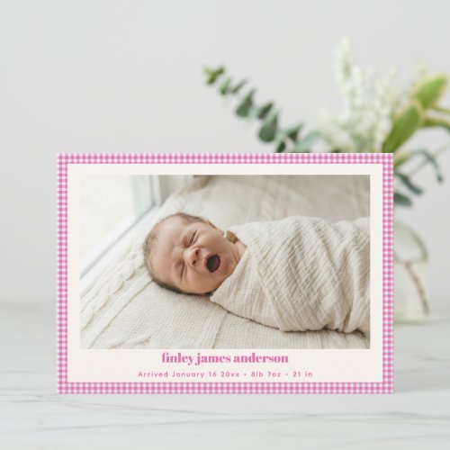 Pink Gingham Newborn Photo Girl Baby Birth Stats Announcement