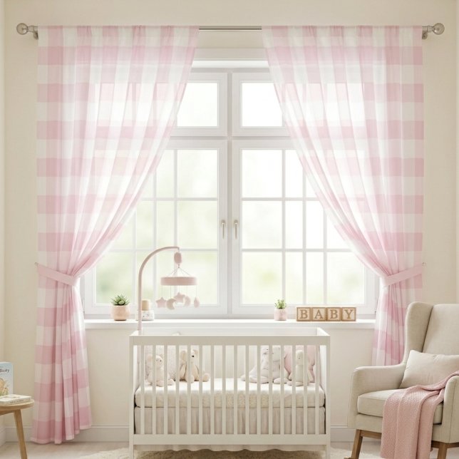 Pink Gingham Nursery  Sheer Curtains (Pink Gingham Nursery Sheer Curtains)