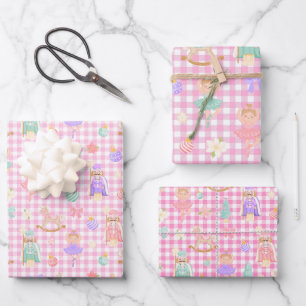 Pink Gingham Nutcracker Birthday Wrapping Paper Sheets