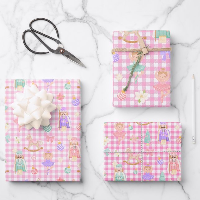 Pink Gingham Nutcracker Birthday Wrapping Paper Sheets (Front)