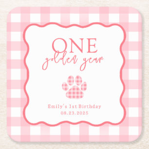 Pink Gingham One Golden Year Girls First Birthday Square Paper Coaster