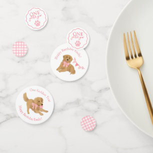 Pink Gingham One Golden Year Puppy Birthday Table Confetti