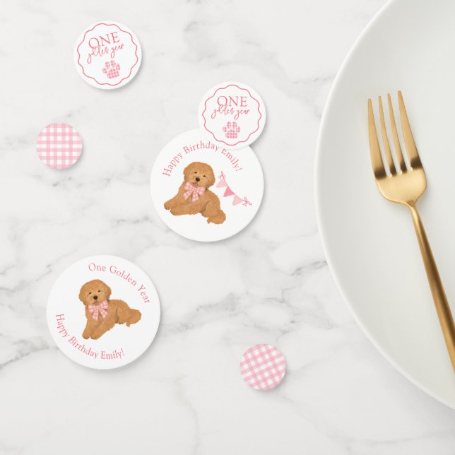 Pink Gingham One Golden Year Puppy Birthday Table Confetti (Group)