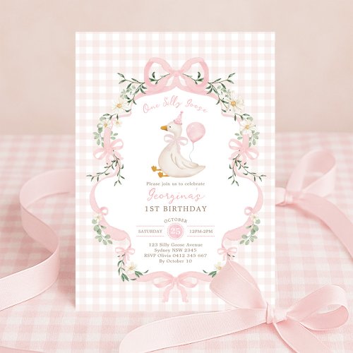 Pink Gingham One Silly Goose Balloon Girl Birthday