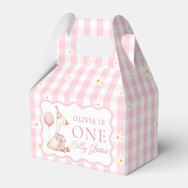  Pink Gingham One Silly Goose Birthday Favor Box (Front Side)