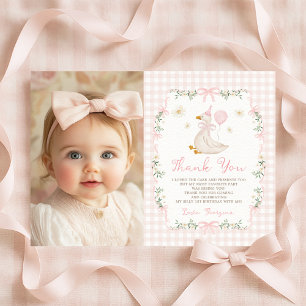 Pink Gingham One Silly Goose Birthday Photo Thank You Card