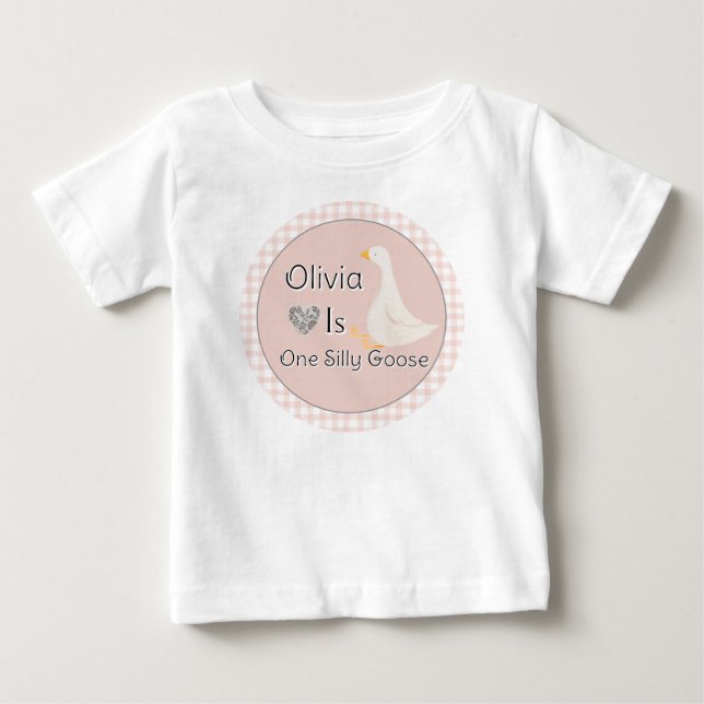 Pink Gingham One Silly Goose Girl's Birthday Party Baby T-Shirt (Front)