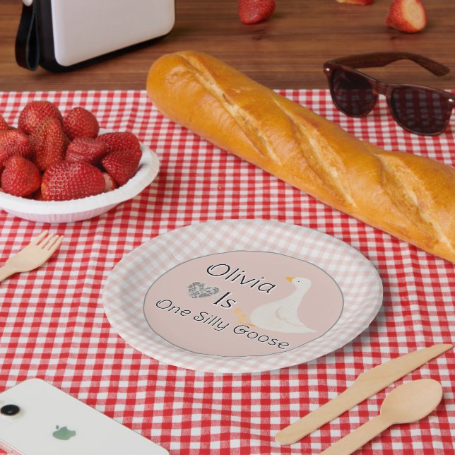Pink Gingham One Silly Goose Girl's Birthday Party Paper Plates (Picnic)