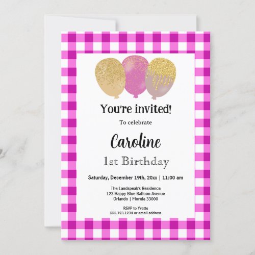 Pink Gingham Party Balloons 1st Birthday Invitation