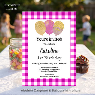 Pink Gingham, Party Balloons 1st Birthday Invitation