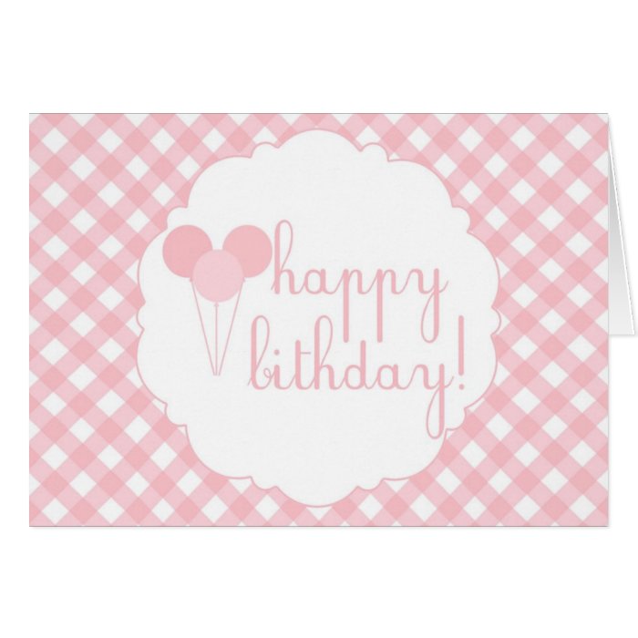 Pink Gingham Party Balloons Happy Birthday Card