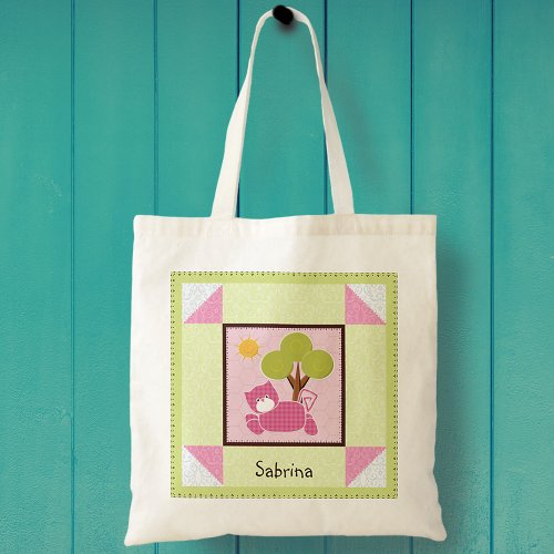 Pink Gingham Patchwork Cat Tote Bag