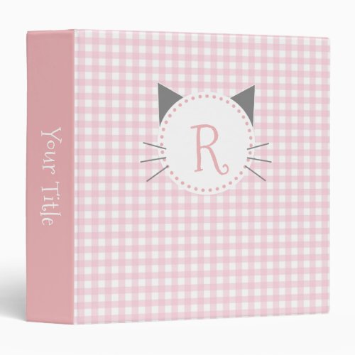 Pink Gingham Pattern  Cat Monogram 3 Ring Binder