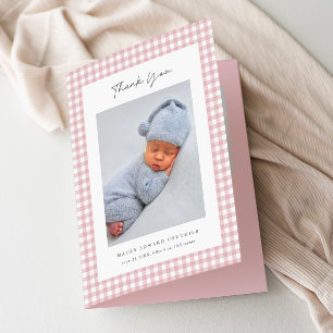 Pink Gingham Pattern Girls Baby Letterpress Thank You Card