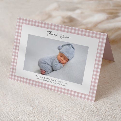 Pink Gingham Pattern Girls Photo Thank You Card