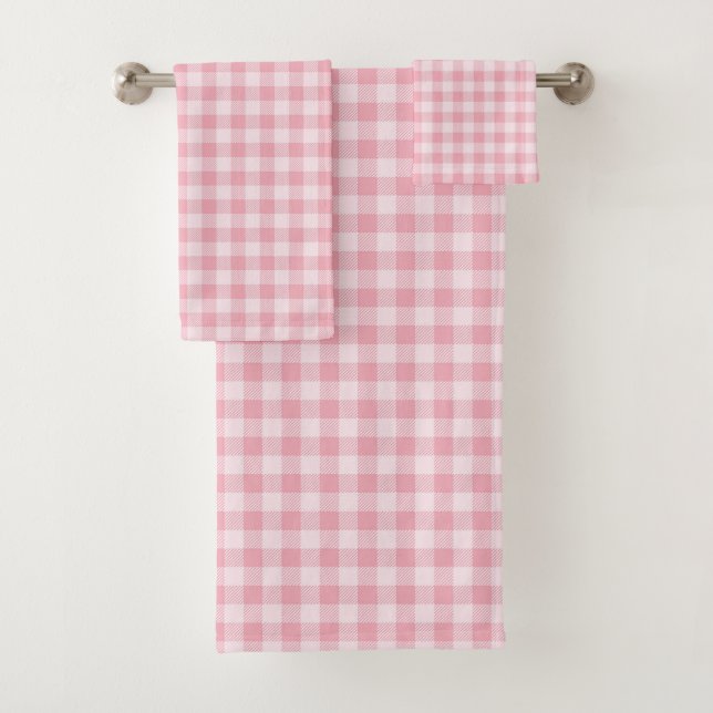 Pink Gingham Pattern Girly Check Plaid Checkered Bath Towel Set (Insitu)