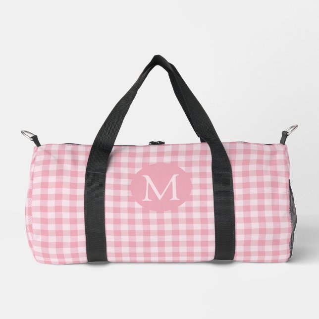 Pink Gingham Pattern Girly Checker Plaid Monogram Duffle Bag (Front)