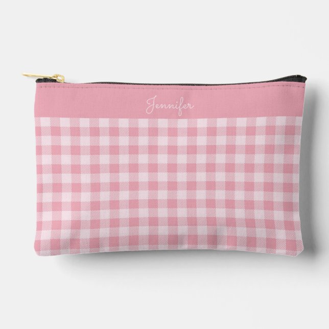 Pink Gingham Pattern Girly Checkered Plaid Name Accessory Pouch (Front)