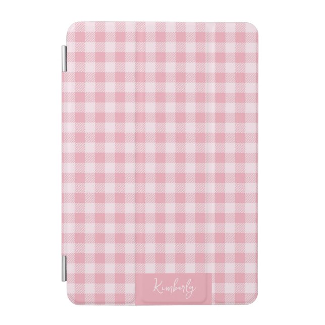 Pink Gingham Pattern Girly Checkered Plaid Name iPad Mini Cover (Front)