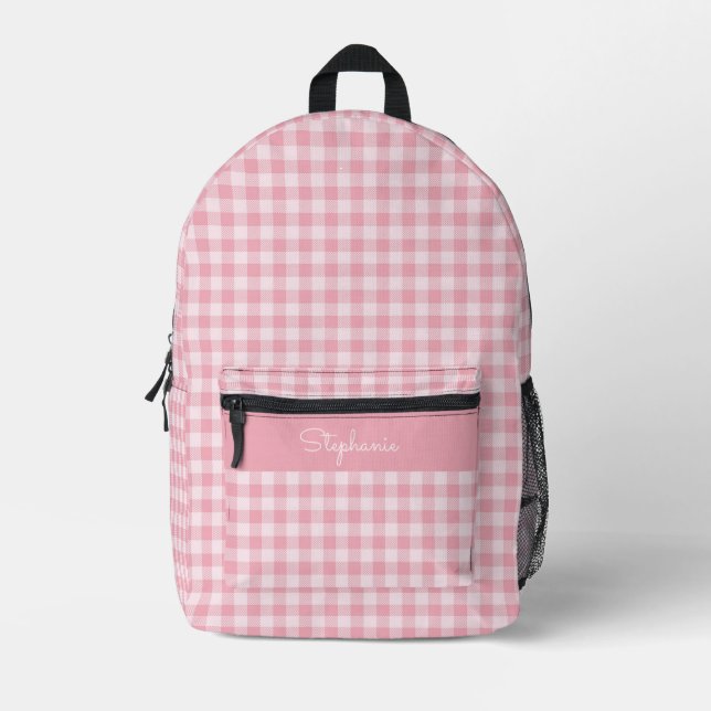 Pink Gingham Pattern Girly Checkered Plaid Name Printed Backpack (Front)
