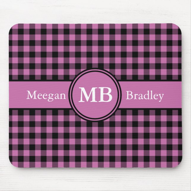 Pink Gingham Pattern Monogram Mouse Pad (Front)