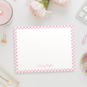 Pink gingham pattern personalized Stationery Note Card