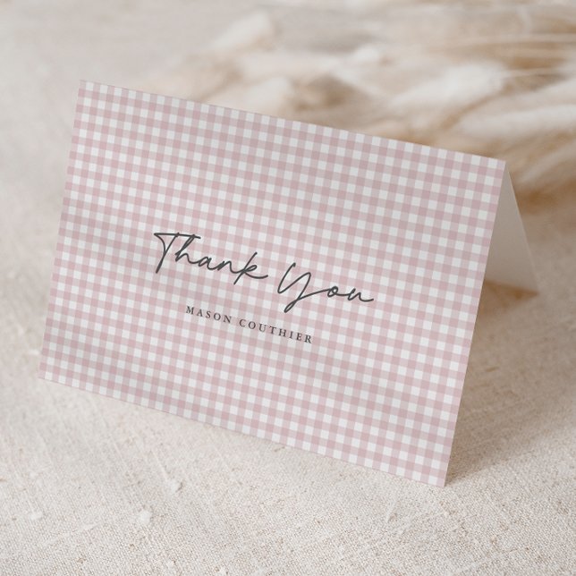Pink Gingham Pattern Script Folded Photo Letterpress Thank You Card (Pink Gingham Check Baby Girls Folded Photo Thank You Note Cards.)