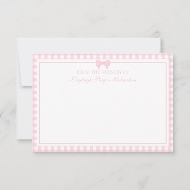 Pink Gingham Pattern with Bow Thank You Card (Front)