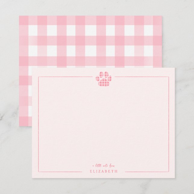Pink Gingham Paw Print Baby Kids Personalized Note Card (Front/Back)