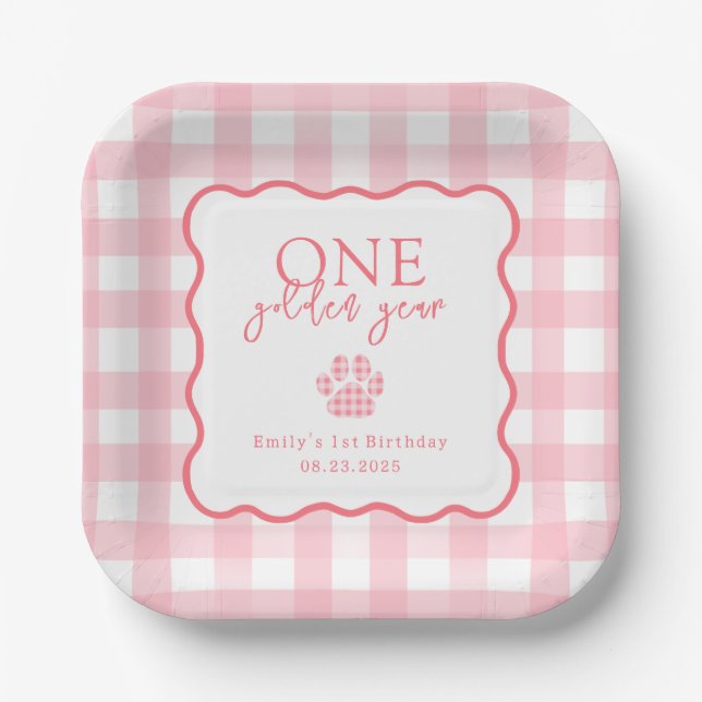Pink Gingham Paw Print Girls First Birthday Party Paper Plates (Front)
