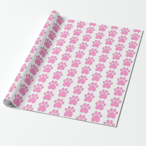 Pink Gingham Paw Print Wrapping Paper