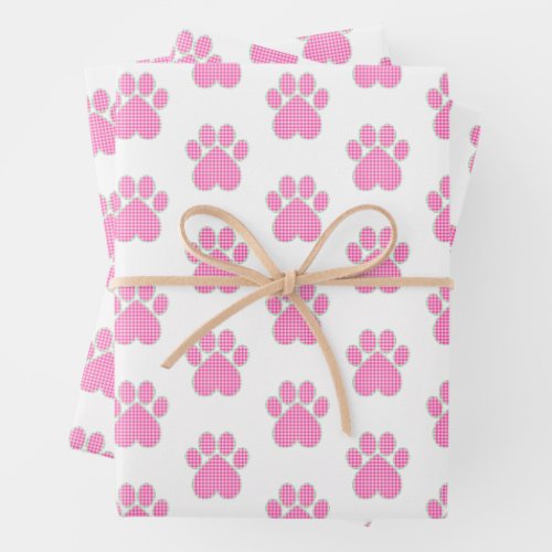 Pink Gingham Paw Print Wrapping Paper