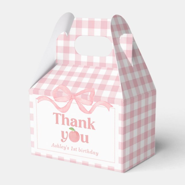 Pink Gingham Peach First Birthday Favor Boxes (Front Side)