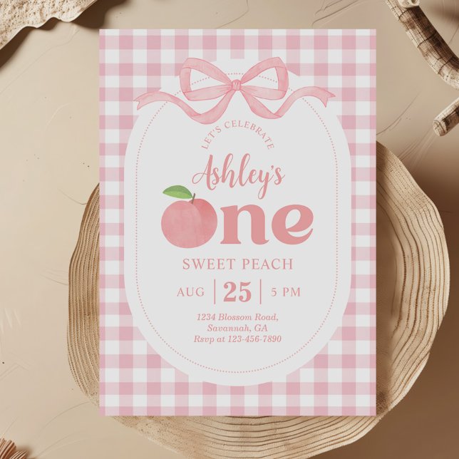 Pink Gingham Peach First Birthday Invitation (Creator Uploaded)