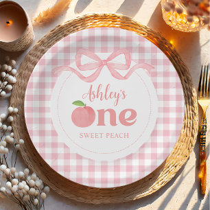 Pink Gingham Peach First Birthday Paper Plates
