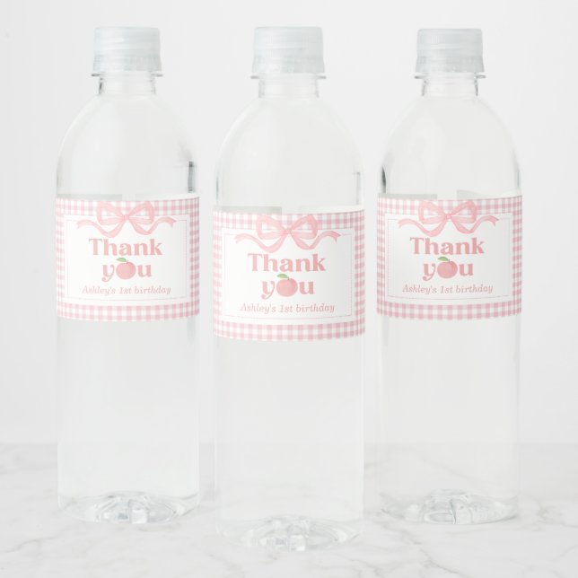 Pink Gingham Peach First Birthday Water Bottle Label (Bottles)