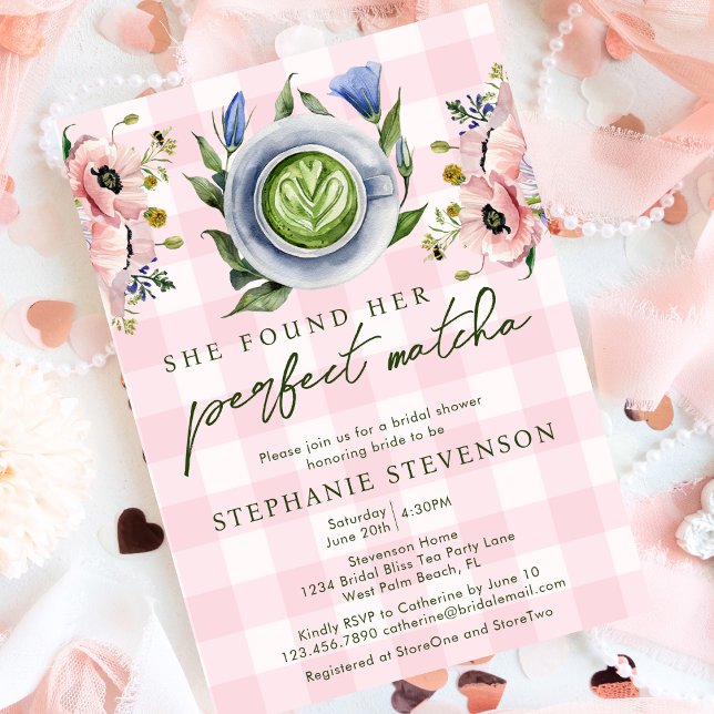 Pink Gingham Perfect Matcha Themed Bridal Shower Invitation (Creator Uploaded)