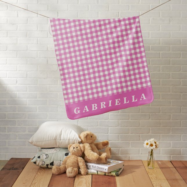 Pink Gingham Personalized Baby Name Design Blanket (In Situ)