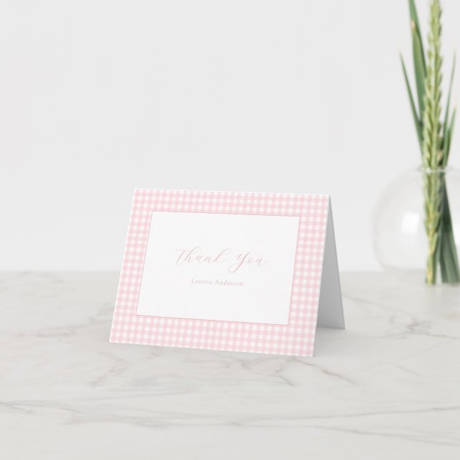 Pink Gingham Personalized Folded Thank You Note Card (Front)