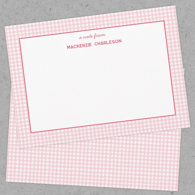 Pink Gingham Personalized Note Card (Pink gingham personalized custom name notecard)