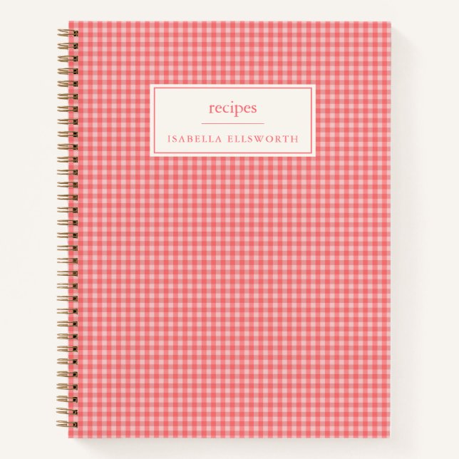 Pink Gingham Personalized Recipe Name Notebook (Front)